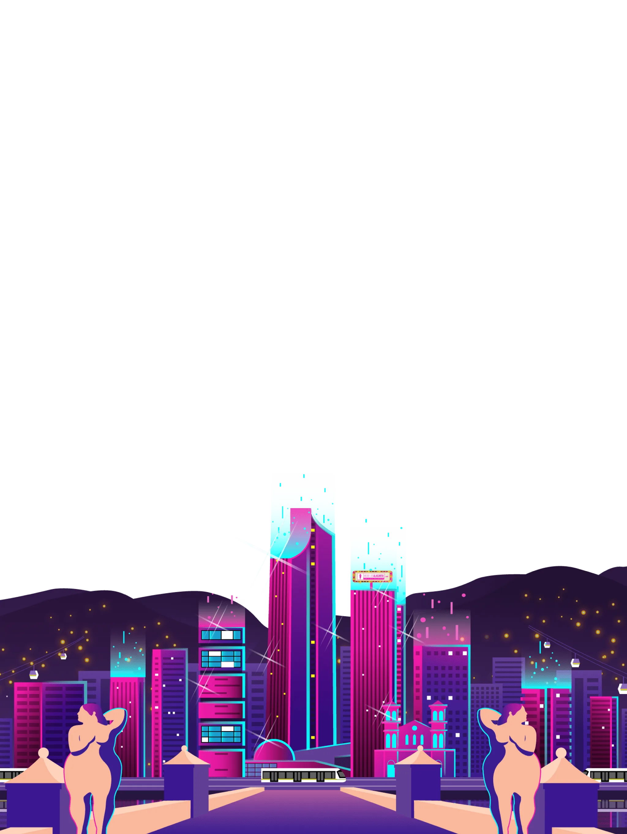 Vista panorámica nocturna de la ciudad de Medellín, luces de neón y ambiente exclusivo para citas y vida nocturna