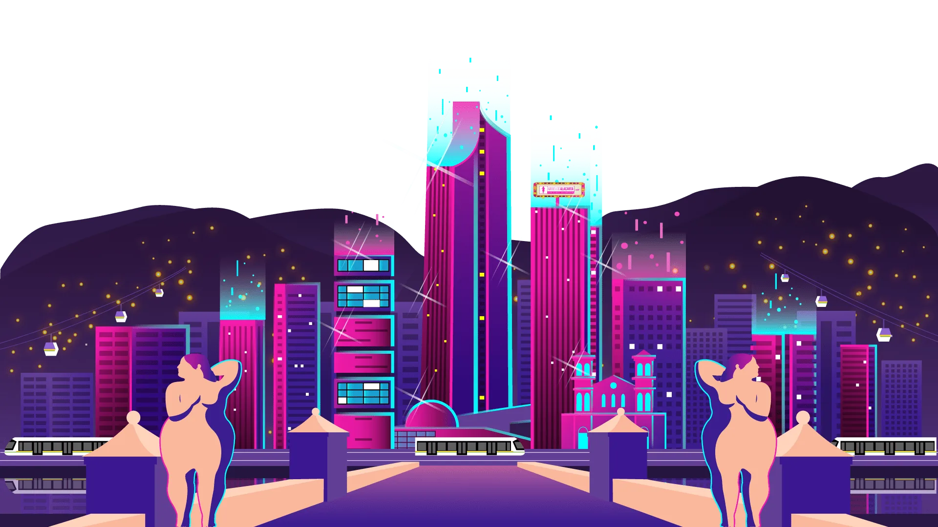 Vista panorámica nocturna de la ciudad de Medellín, luces de neón y ambiente exclusivo para citas y vida nocturna